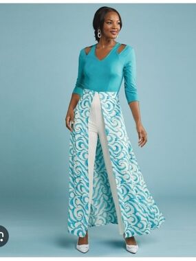 Turquoise & White Split-Waist Wide-Leg Jumpsuit